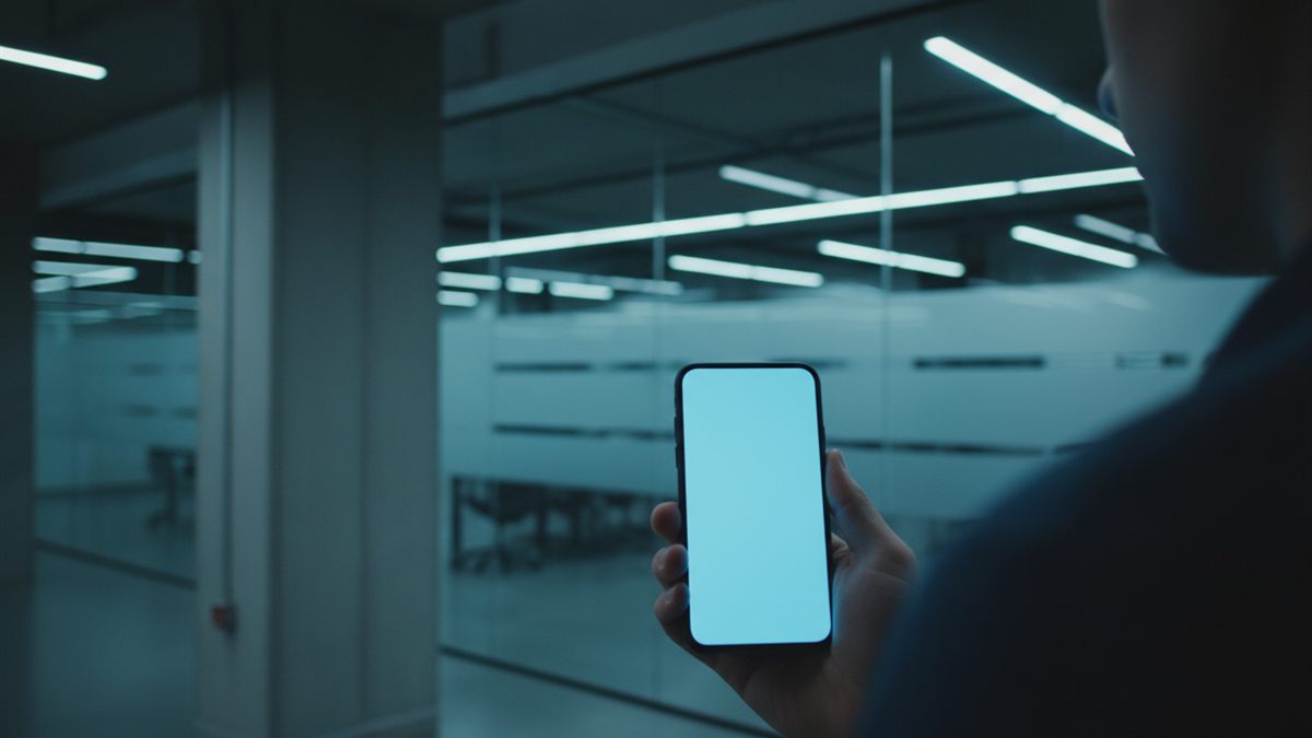 Karanlık bir ofiste elinde telefonla arama yapan bir kişi